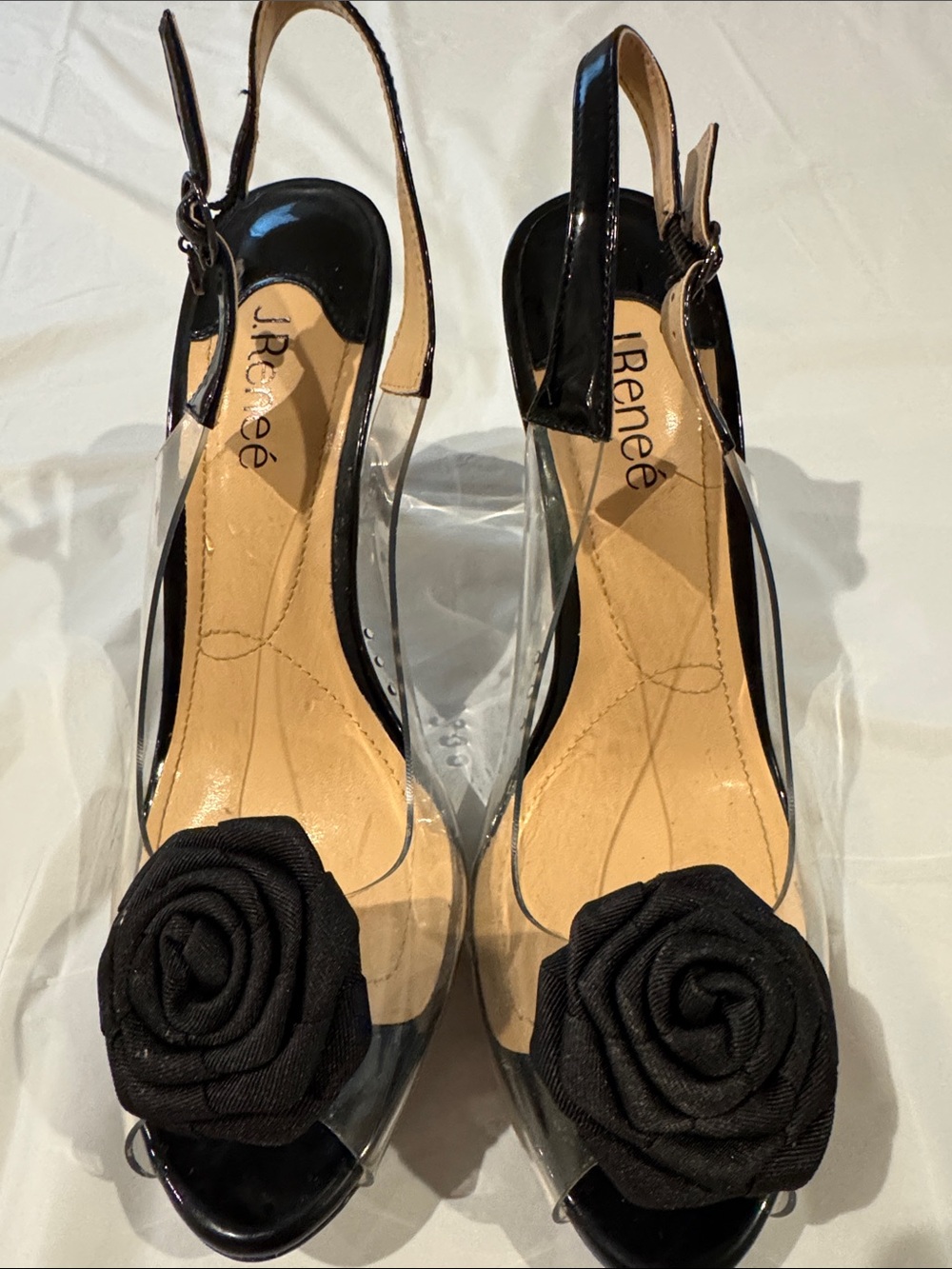J.Renee Black Patent & Clear Slingback Heels with Black Rosette Accent